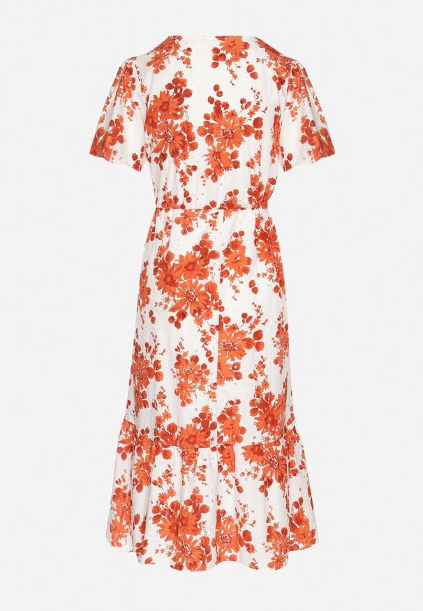 Born2be - Pomarańczowa Sukienka z Bawełny Ażurowa w Kwiaty z Rozkloszowanym Dołem Florbia. Okazja: na co dzień. Kolor: pomarańczowy. Materiał: bawełna. Długość rękawa: krótki rękaw. Wzór: kwiaty, ażurowy. Sezon: wiosna. Typ sukienki: rozkloszowane. Styl: casual, klasyczny