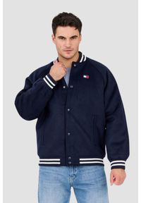 Tommy Jeans - TOMMY JEANS Granatowy męski bomber z domieszką wełny Varsity, Rozmiar L. Okazja: na co dzień. Kolor: niebieski. Materiał: wełna. Wzór: paski. Styl: klasyczny, sportowy, casual, elegancki