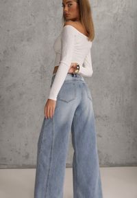 Renee - Niebieskie Szerokie Jeansy z Bawełną High Waist z Paskiem Typu Sznurek Caninna. Stan: podwyższony. Kolor: niebieski. Sezon: wiosna #3