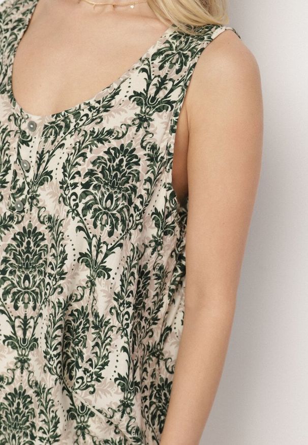 Born2be - Zielono-Beżowa Bluzka z Bawełny ze Wzorem Boho Napolea. Kolor: zielony. Materiał: bawełna. Styl: boho