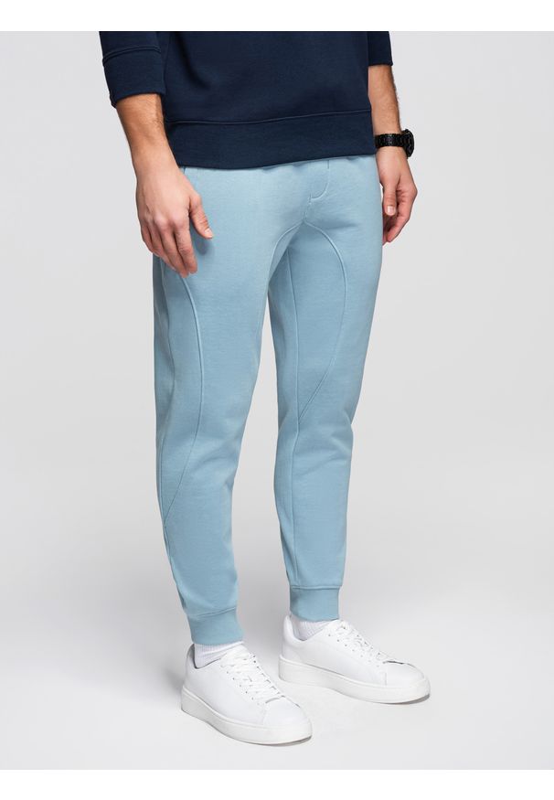 Ombre Clothing - Męskie spodnie dresowe ze ściągaczem przy nogawce BASIC jogger - niebieskie V7 - Rozmiar: L. Okazja: na spacer, na co dzień, do domu. Kolor: niebieski. Materiał: dresówka. Wzór: jednolity, gładki, aplikacja. Styl: casual