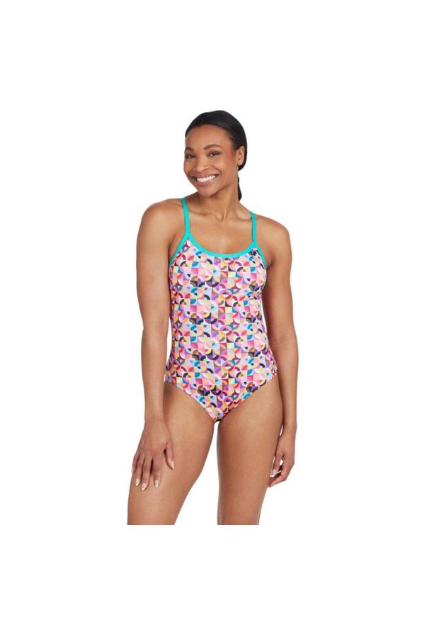 ZOGGS - Strój Kąpielowy Zoggs Strikeback – Nadruk Rytmiczny – Rozmiar 32. Kolor: różowy. Wzór: nadruk