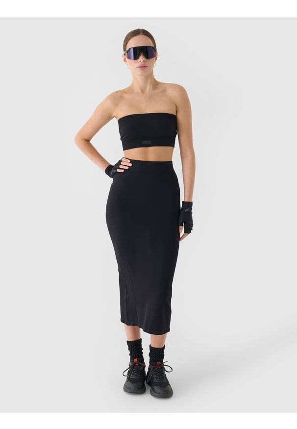 4f - 4F Crop top bandeau slim szybkoschnący damski - czarny XS/S. Kolor: czarny. Materiał: jersey, materiał, elastan, syntetyk, dzianina, włókno. Długość rękawa: na ramiączkach. Wzór: ze splotem, gładki, jednolity