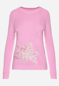 Born2be - Różowy Sweter Ozdobiony Cekinami Koralikami i Cyrkoniami w Kształcie Kwiatka Romiella. Okazja: na co dzień. Kolor: różowy. Materiał: jeans. Wzór: aplikacja, kwiaty. Styl: klasyczny, casual, elegancki #4