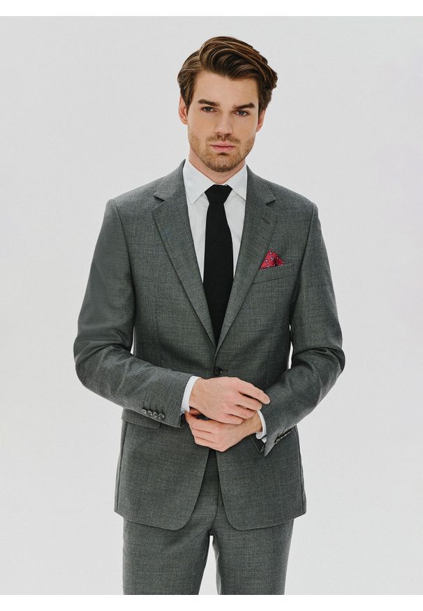 Pako Lorente - PAKO LORENTE – Szara wełniana marynarka garniturowa. Okazja: na ślub cywilny, na wesele. Kolor: szary. Materiał: wełna. Wzór: gładki