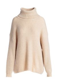 Born2be - Beżowy Golf Oversize Out Of This World. Okazja: na spacer, na co dzień. Typ kołnierza: golf. Kolor: beżowy. Materiał: wiskoza, jeans, dzianina, skóra. Długość: długie. Wzór: prążki. Styl: elegancki, casual, klasyczny #7