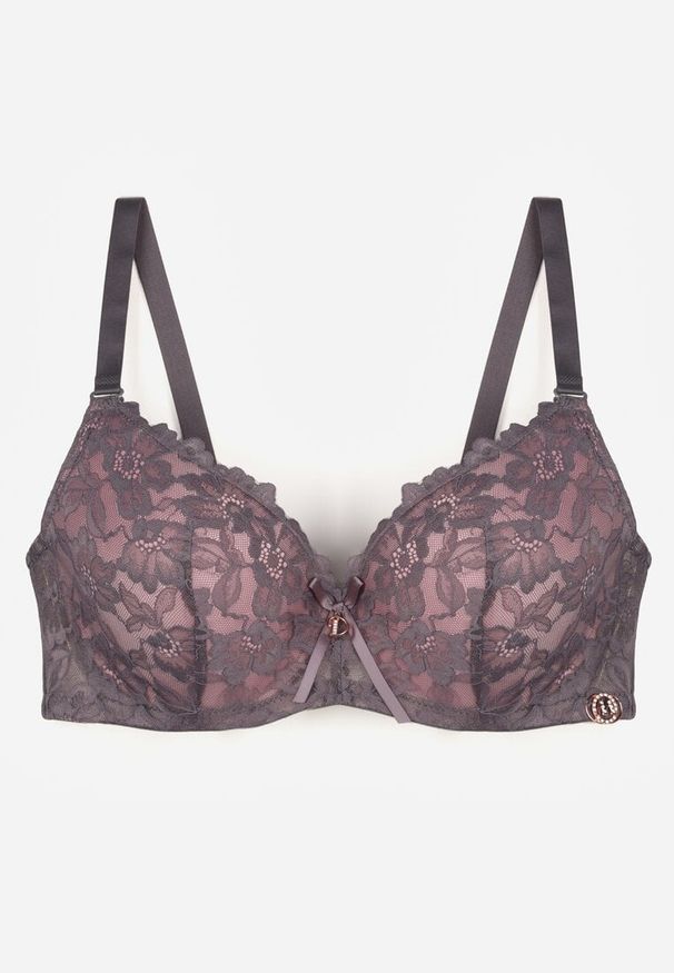 Born2be - Szaro-Różowy Koronkowy Biustonosz z Kokardką Nealenia. Kolor: szary. Materiał: koronka. Wzór: koronka