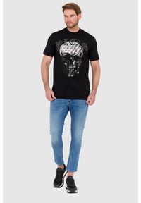 Philipp Plein - PHILIPP PLEIN Czarny męski t-shirt zdobiony dżetami z czaszką i logo, Rozmiar M. Kolor: czarny. Wzór: aplikacja #3