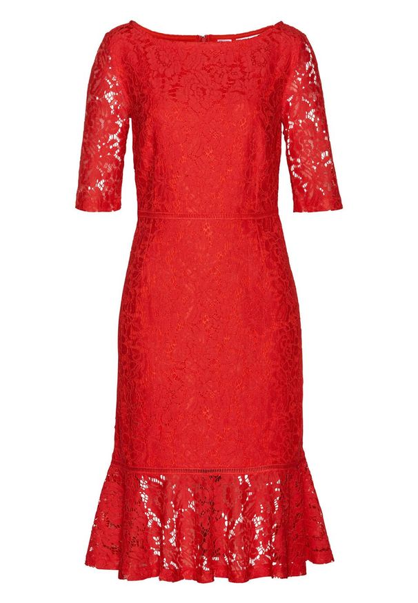 Sukienka koronkowa z falbaną w dolnej części bonprix czerwony sygnałowy. Kolor: czerwony. Materiał: koronka. Wzór: koronka