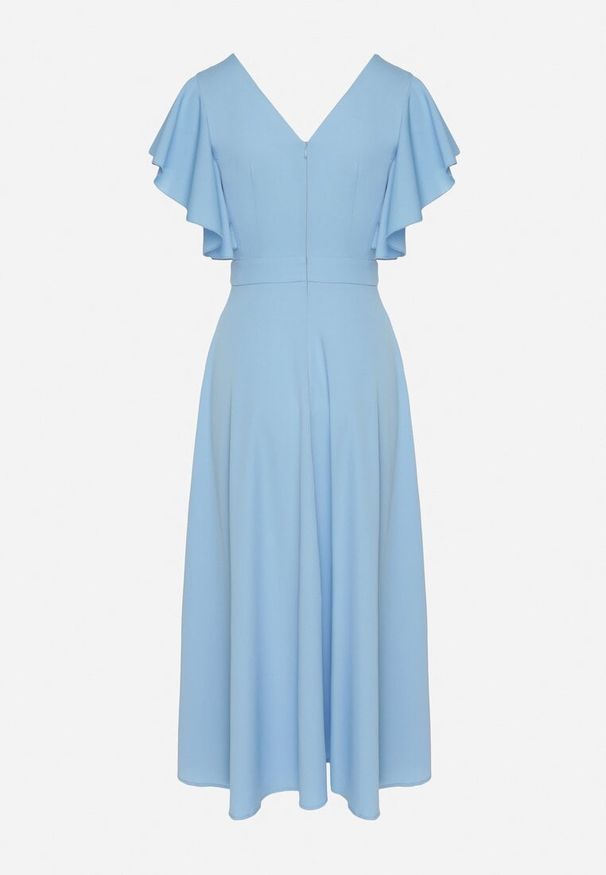 Born2be - Niebieska Rozkloszowana Sukienka Zdobiona Falbanami Emilienne. Okazja: na co dzień, na randkę, na spacer. Kolor: niebieski. Materiał: jeans, tkanina. Wzór: aplikacja, gładki, jednolity. Typ sukienki: proste, rozkloszowane. Styl: wizytowy, klasyczny, casual, elegancki. Długość: maxi