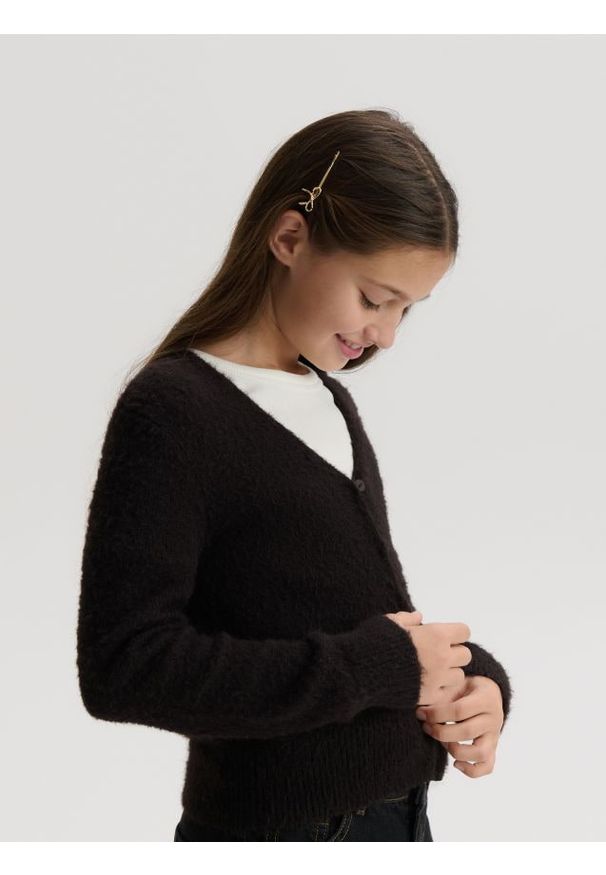 Reserved - Dzianinowy kardigan - brązowy. Kolor: brązowy. Materiał: dzianina