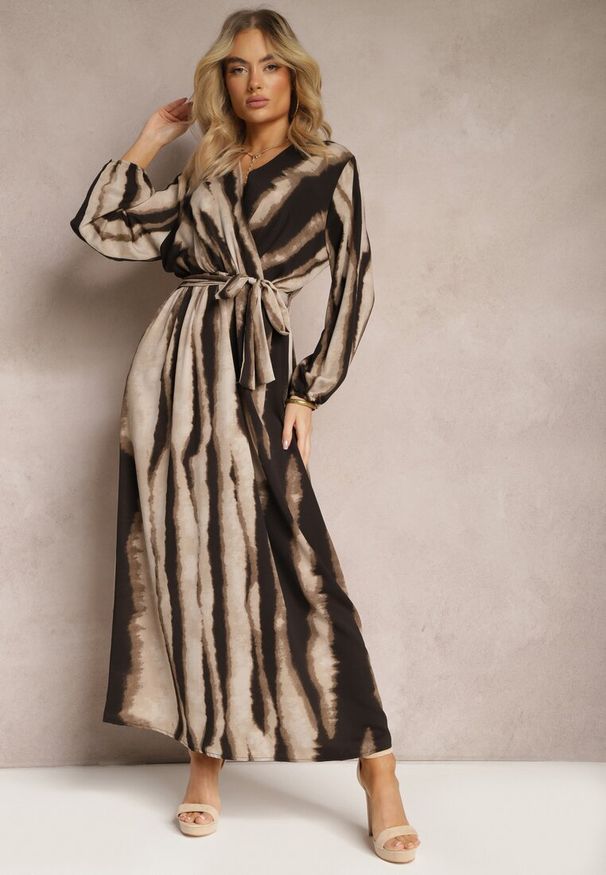 Renee - Brązowo-Czarna Rozkloszowana Sukienka Maxi z Kopertowym Dekoltem i Materiałowym Paskiem Efengia. Kolor: brązowy. Materiał: materiał. Typ sukienki: kopertowe. Styl: elegancki. Długość: maxi