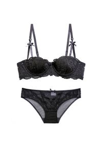 Intica - Biustonosz push-up z koronką i majtki komplet bielizny Dujka. Kolor: czarny. Materiał: koronka. Wzór: koronka