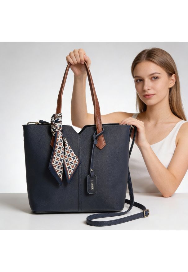 Torebka damska Rieker, ze skóry ekologicznej o klasycznej formie z dwoma uchwytami długim paskiem na ramię ozdobną apaszką i funkcjonalnym wnętrzem d. Kolor: niebieski. Materiał: skórzane. Styl: klasyczny. Rodzaj torebki: na ramię
