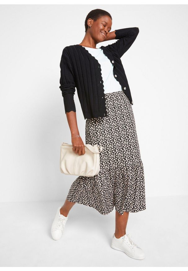 bonprix - Krótki kardigan ażurowy. Kolor: czarny. Materiał: wiskoza. Długość: krótkie. Wzór: ażurowy