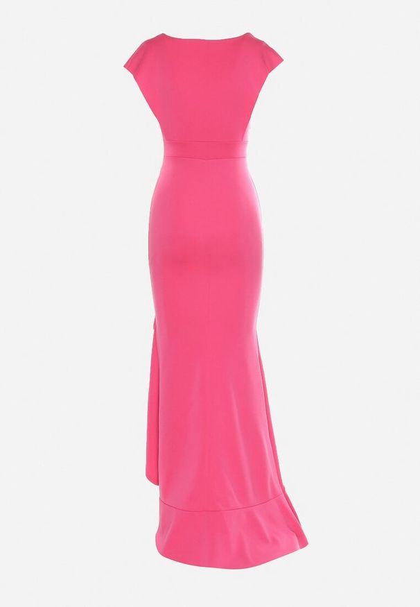 Born2be - Fuksjowa Asymetryczna Sukienka z Dekoltem V i Ozdobną Falbaną Efiola. Okazja: na co dzień. Typ kołnierza: dekolt w kształcie V. Kolor: różowy. Typ sukienki: asymetryczne. Styl: elegancki, casual