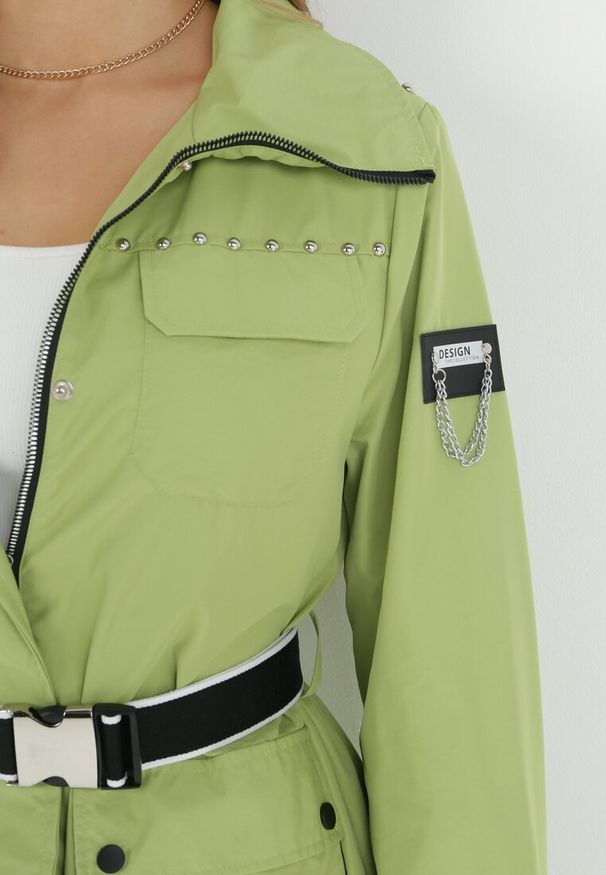Born2be - Zielony Płaszcz z Paskiem i Regulacją Długości Samera. Kolor: zielony. Materiał: materiał