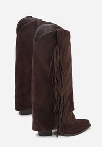 Born2be - Ciemnobrązowe Kozaki Kowbojki na Obcasie z Wywiniętą Cholewką z Frędzlami Monasatia. Okazja: do pracy. Kolor: brązowy. Materiał: dzianina, jeans. Szerokość cholewki: normalna. Wzór: aplikacja. Obcas: na obcasie. Styl: klasyczny, elegancki. Wysokość obcasa: średni #3