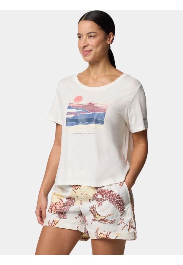 columbia - Koszulka bawełniana damska Columbia Ruby Springs Graphic Scoop Neck S/S. Kolor: biały, wielokolorowy. Materiał: bawełna