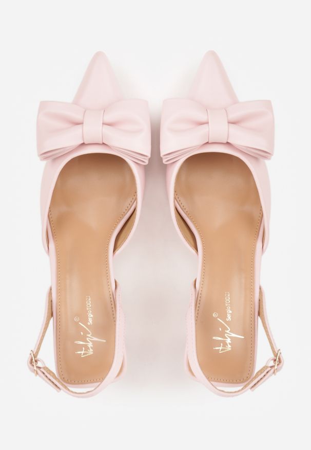 Renee - Różowe Szpilki Slingback Ozdobione z Przodu Kokardą Urea. Zapięcie: sprzączka. Kolor: różowy. Wzór: aplikacja. Obcas: na szpilce. Styl: elegancki, wizytowy