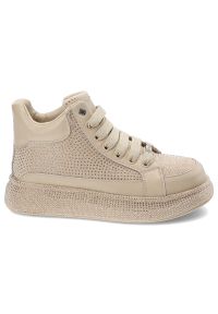 GOE - Beżowe Sneakersy Goe Stylowe Błyszczące Obuwie Damskie. Zapięcie: sznurówki. Kolor: beżowy. Materiał: materiał. Wzór: aplikacja