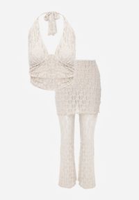 Born2be - Beżowy Koronkowy Komplet Top z Odkrytymi Plecami i Spodnie z Imitacją Spódnicy Romine. Kolor: beżowy. Materiał: koronka. Wzór: koronka #8