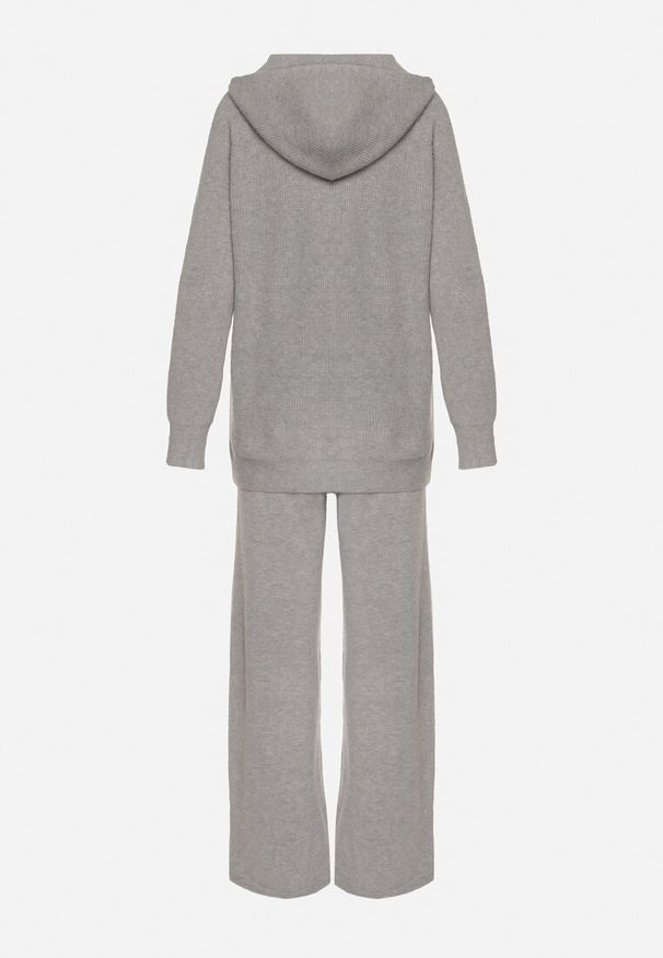 Born2be - Ciemnoszary Komplet Dzianinowy z Wełną Bluza z Kapturem i Szerokie Spodnie Otisela. Kolor: szary. Materiał: dzianina, wełna. Sport: turystyka piesza