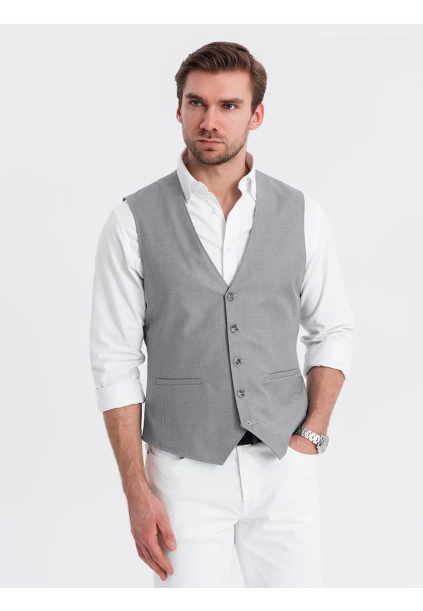 Ombre Clothing - Dopasowana męska kamizelka z rayonem i marmurkowymi guzikami – szara V3 - Rozmiar: XL. Kolor: szary. Materiał: tkanina, poliester. Wzór: gładki, jednolity. Styl: elegancki