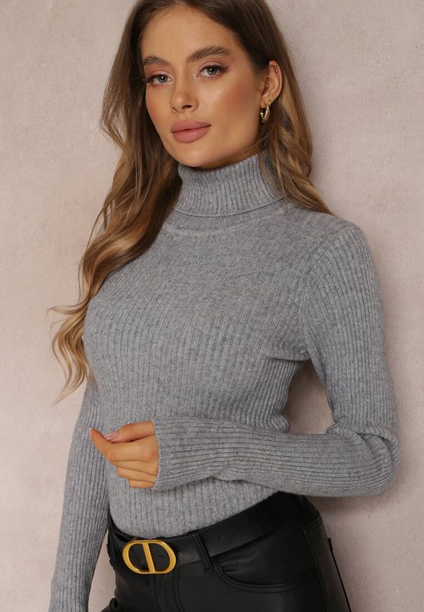 Renee - Szary Golf Irinsyss. Typ kołnierza: golf. Kolor: szary. Materiał: dzianina. Długość: długie. Wzór: prążki