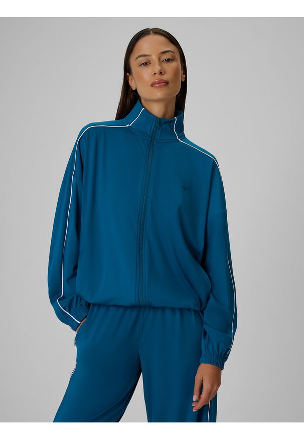 4f - 4F Bluza dresowa loose bez kaptura damska - turkusowa L. Typ kołnierza: bez kaptura. Kolor: turkusowy. Materiał: dresówka. Styl: sportowy