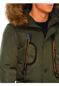 Ombre Clothing - Kurtka męska zimowa parka C369 - khaki - XL. Kolor: brązowy. Materiał: poliester, futro. Sezon: zima #5