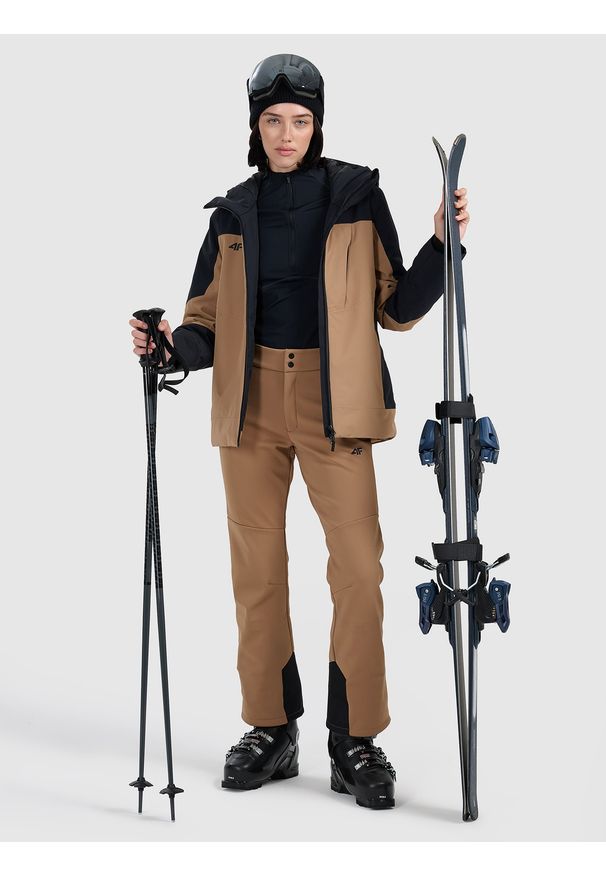 4f - 4F Spodnie narciarskie softshell membrana 10000 damskie - brązowe XS. Stan: podwyższony. Kolor: brązowy. Materiał: softshell. Wzór: gładki. Sezon: zima. Sport: narciarstwo