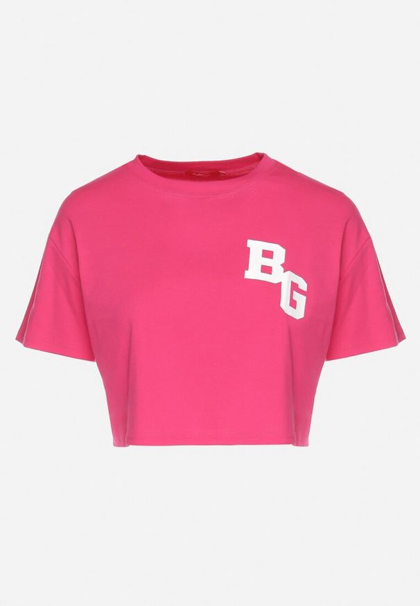Born2be - Fuksjowy Bawełniany T-shirt Oversize o Krótkim Kroju Zariona. Okazja: na co dzień. Kolor: różowy. Materiał: bawełna. Długość: krótkie. Wzór: aplikacja. Styl: klasyczny, casual, elegancki