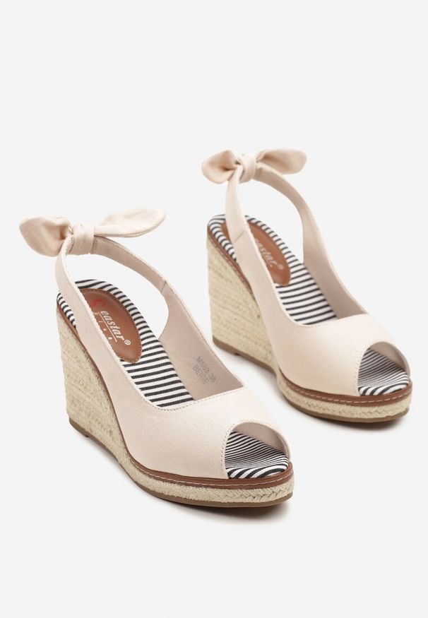 Born2be - Beżowe Sandały Espadryle z Kokardką i Plecionym Koturnem Lilinne. Okazja: na co dzień. Kolor: beżowy. Materiał: jeans. Obcas: na koturnie. Styl: elegancki, casual