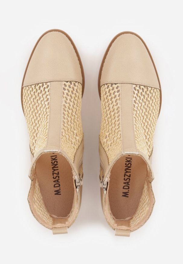 Renee - Beżowe Plecione Botki z Wkładką ze Skóry Naturalnej Nadelle. Kolor: beżowy. Materiał: skóra. Wzór: haft. Styl: elegancki, boho