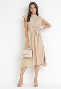 Born2be - Beżowa Midi Sukienka Zapinana na Guziki z Wiązanym Paskiem Alyssama. Kolor: beżowy. Materiał: materiał. Długość: midi #2