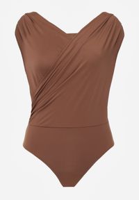 Born2be - Brązowe Body Bez Rękawów z Kopertowym Dekoltem Neaniethra. Okazja: na co dzień. Typ kołnierza: dekolt w serek. Kolor: brązowy. Materiał: jeans, materiał. Długość rękawa: bez rękawów. Styl: casual #3