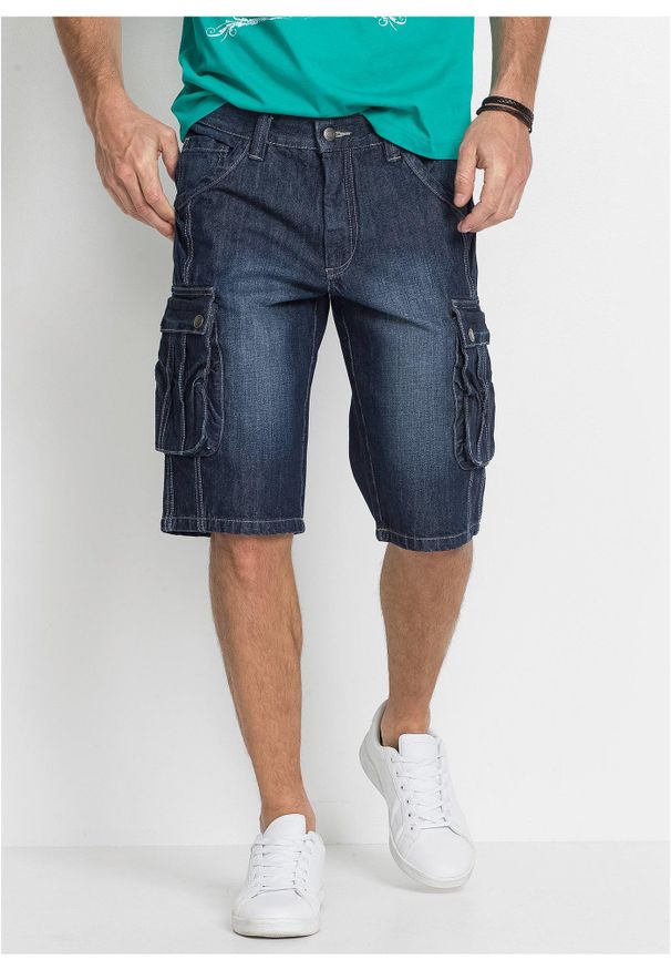 bonprix - Bermudy dżinsowe bojówki, regular fit. Kolor: niebieski. Wzór: aplikacja. Styl: elegancki