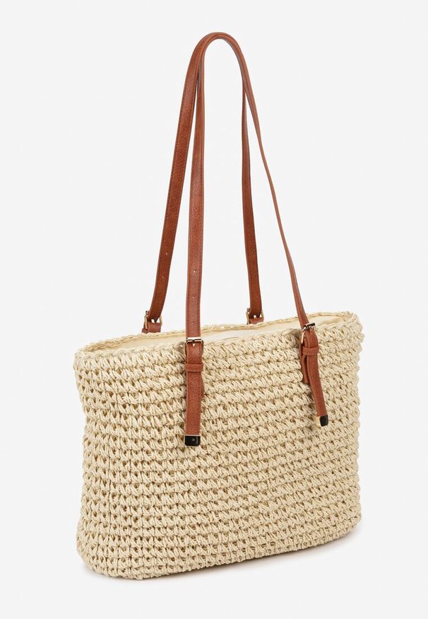 Renee - Jasnobeżowa Duża Pleciona Torebka Wykończona Rączkami z Imitacji Skóry Carpinea. Kolor: beżowy. Sezon: lato. Materiał: skórzane. Styl: elegancki, casual, boho
