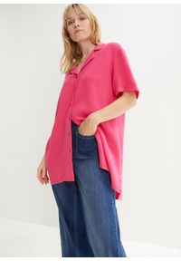 bonprix - Długa koszula muślinowa z plisą guzikową, krótki rękaw. Kolor: różowy. Długość rękawa: krótki rękaw. Długość: krótkie