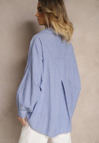 Renee - Niebieska Koszula z Bawełny o Kroju Oversize w Prążki ze Ściągaczem w Pasie Neoritia. Okazja: do pracy. Kolor: niebieski. Materiał: bawełna. Wzór: prążki. Styl: elegancki #4