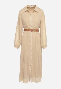 Born2be - Beżowa Plisowana Sukienka o Koszulowym Kroju z Dodatkowym Paskiem Mialessa. Okazja: na co dzień. Kolor: beżowy. Materiał: materiał. Typ sukienki: koszulowe. Styl: casual, elegancki, klasyczny #3
