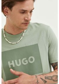 Hugo - HUGO t-shirt bawełniany kolor zielony z nadrukiem. Kolor: zielony. Materiał: bawełna. Wzór: nadruk #3