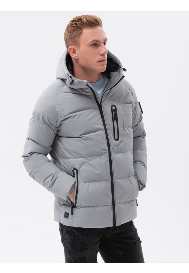 Ombre Clothing - Kurtka męska zimowa C502 - szara - XXL. Kolor: szary. Materiał: poliester. Sezon: zima