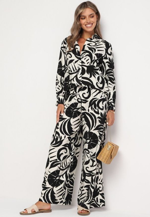Born2be - Czarno-Biały Wiskozowy Komplet Koszula z Długim Rękawem i Szerokie Spodnie Xiseria. Kolor: czarny. Materiał: wiskoza