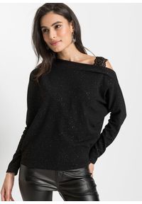 bonprix - Shirt one-shoulder z połyskiem. Kolor: czarny. Materiał: koronka. Wzór: koronka