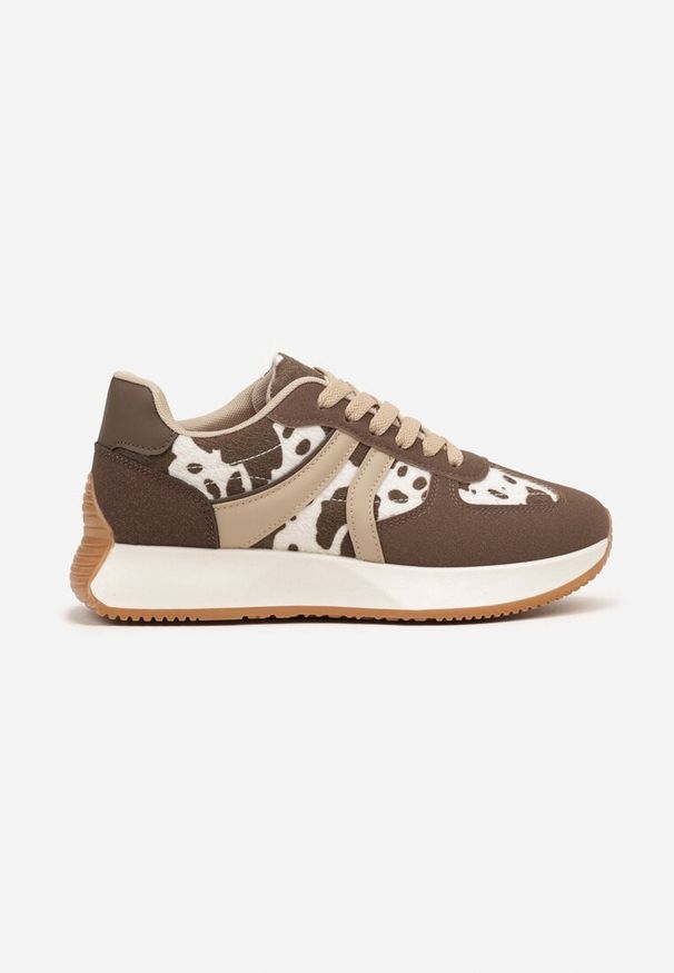 Born2be - Brązowo-Białe Sneakersy Ozdobione Paskami i Motywem w Krowie Łaty Florgisse. Okazja: na spacer, na co dzień. Zapięcie: pasek. Kolor: brązowy. Materiał: jeans. Wzór: aplikacja. Sport: turystyka piesza