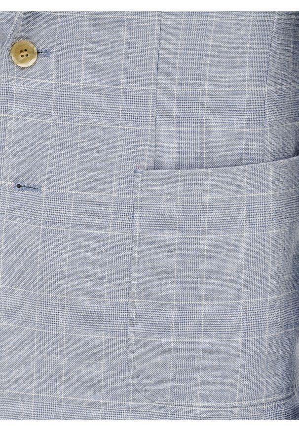 Pako Lorente - PAKO LORENTE – Niebieska marynarka z lnu w kratkę. Okazja: na co dzień. Kolor: niebieski. Materiał: len. Wzór: kratka. Sezon: wiosna. Styl: casual