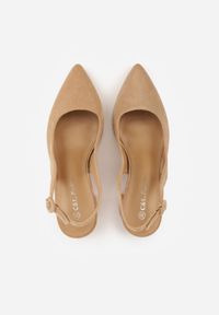 Renee - Ciemnobeżowe Czółenka na Słupku Typu Slingback Tareina. Okazja: na co dzień. Zapięcie: sprzączka. Kolor: beżowy. Materiał: prążkowany, jeans. Obcas: na słupku. Styl: casual, elegancki #6