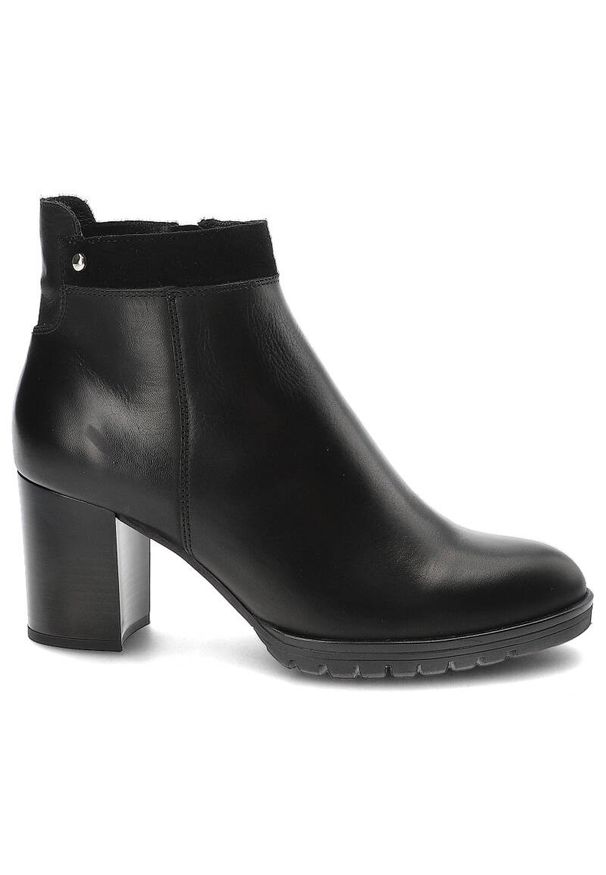 Czarne Botki Armodo Elegancie Obuwie Damskie. Kolor: czarny. Materiał: skóra. Wzór: aplikacja, gładki. Obcas: na obcasie. Styl: klasyczny. Wysokość obcasa: średni